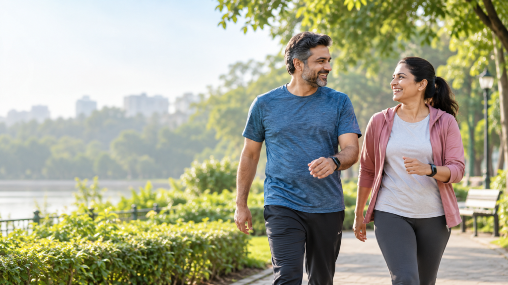 Heart health after 40 with healthy adults walking in a park